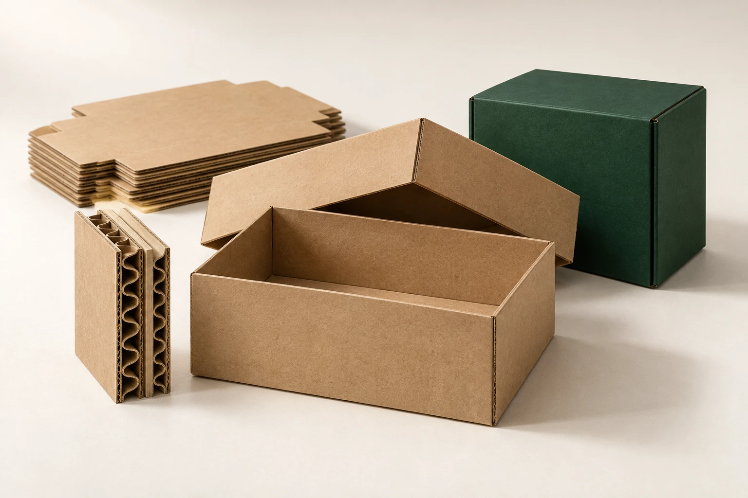 Estudo de embalagem em papelão ondulado com caixa, amostras de material e projeto técnico